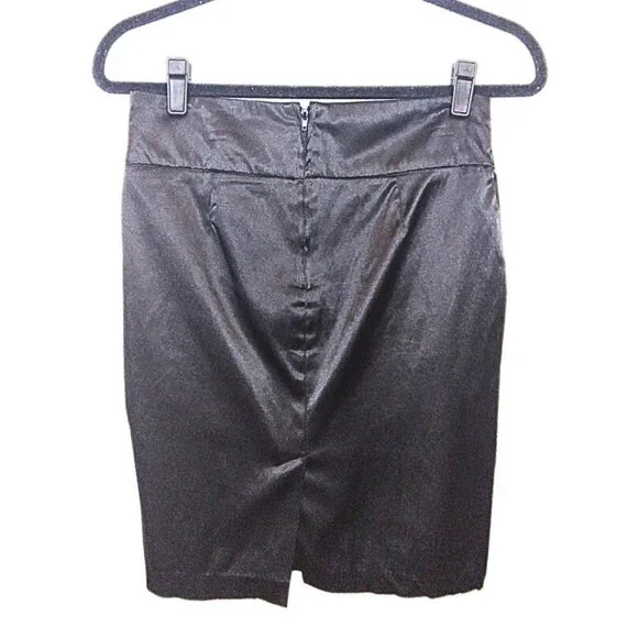 BLACK SATIN PENCIL MINI SKIRT W/PLEATED WAIST | SIZE S - Picture 2 of 6